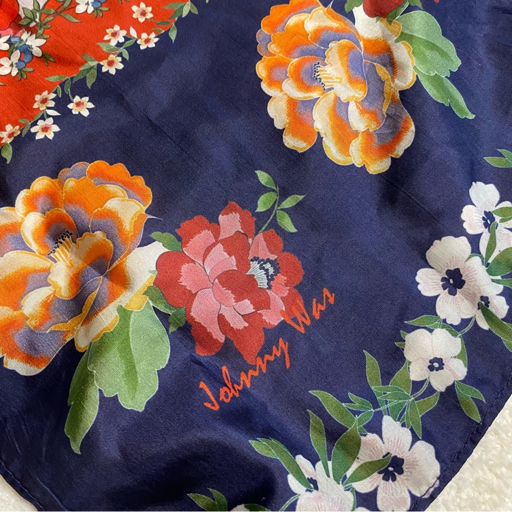 Johnny Was Navy Floral Silk Scarf with Orange, Pink, Green & White